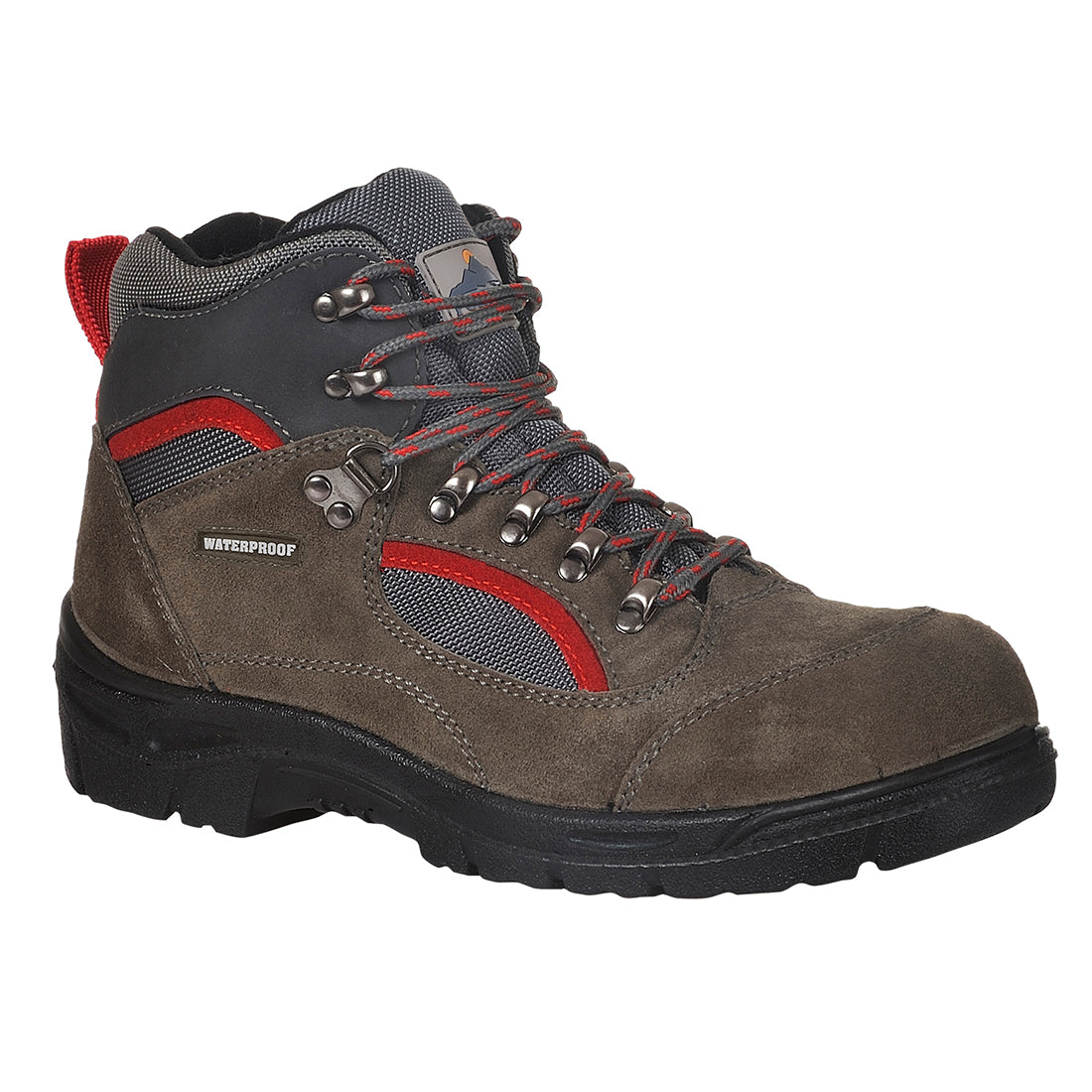 Allwetter-Wanderstiefel mit Schnürung, braunes Leder, schwarze und rote Einsätze