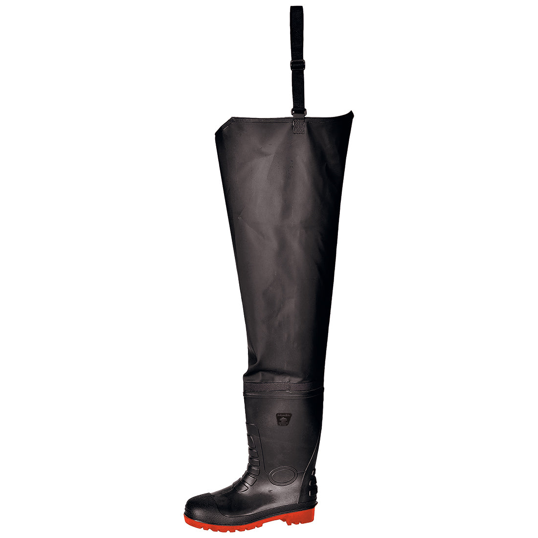 Sicherheits-Hüft-Watstiefel, dunkle Gummistiefel mit Trageriemen und rötlicher Sohle