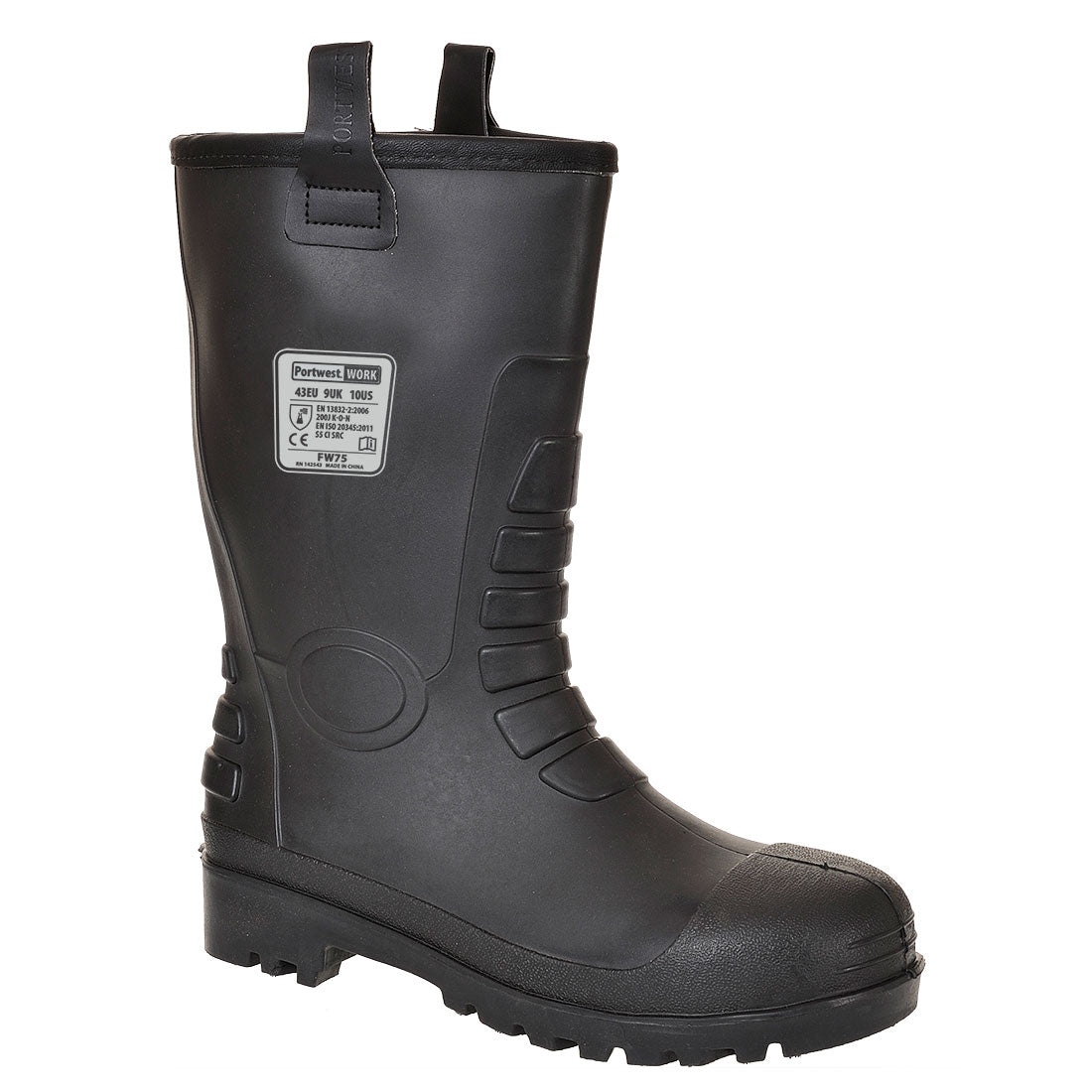 Schwarzer Sicherheitsstiefel mit Schnallenriemen, Profilsohle und seitlichem Einstieg
