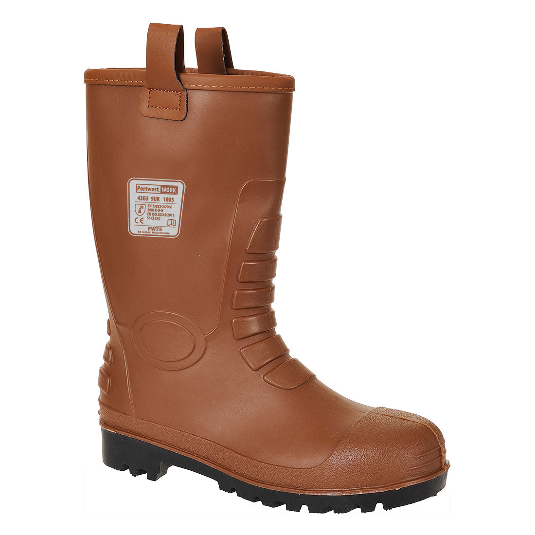 Brauner Sicherheitsstiefel mit hohem Schaft, Schnür-/Klettriemen, Profilsohle und Schutzkappe