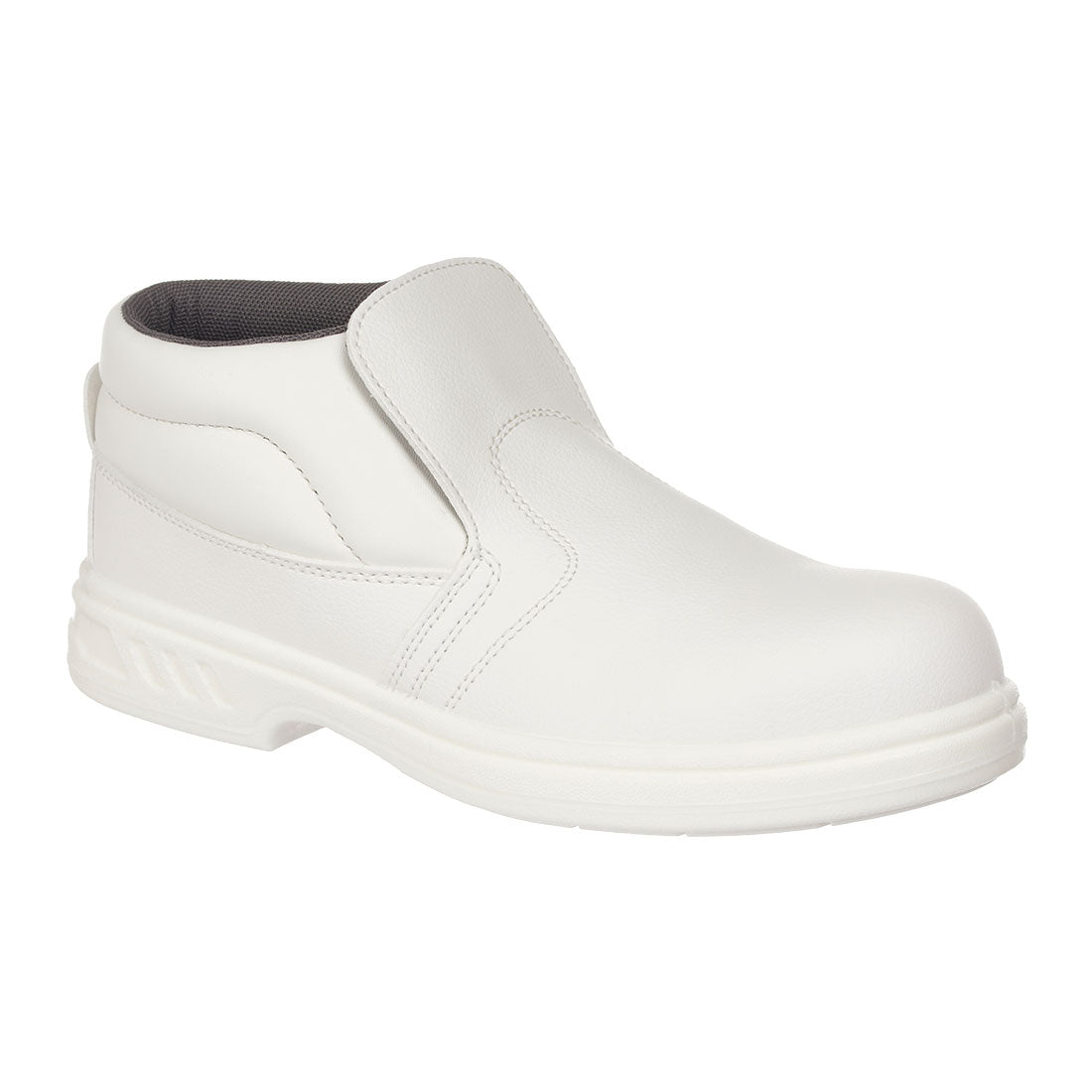 Weiße Schlupf-Sicherheitsstiefel mit glattem Obermaterial und gepolstertem Einstieg