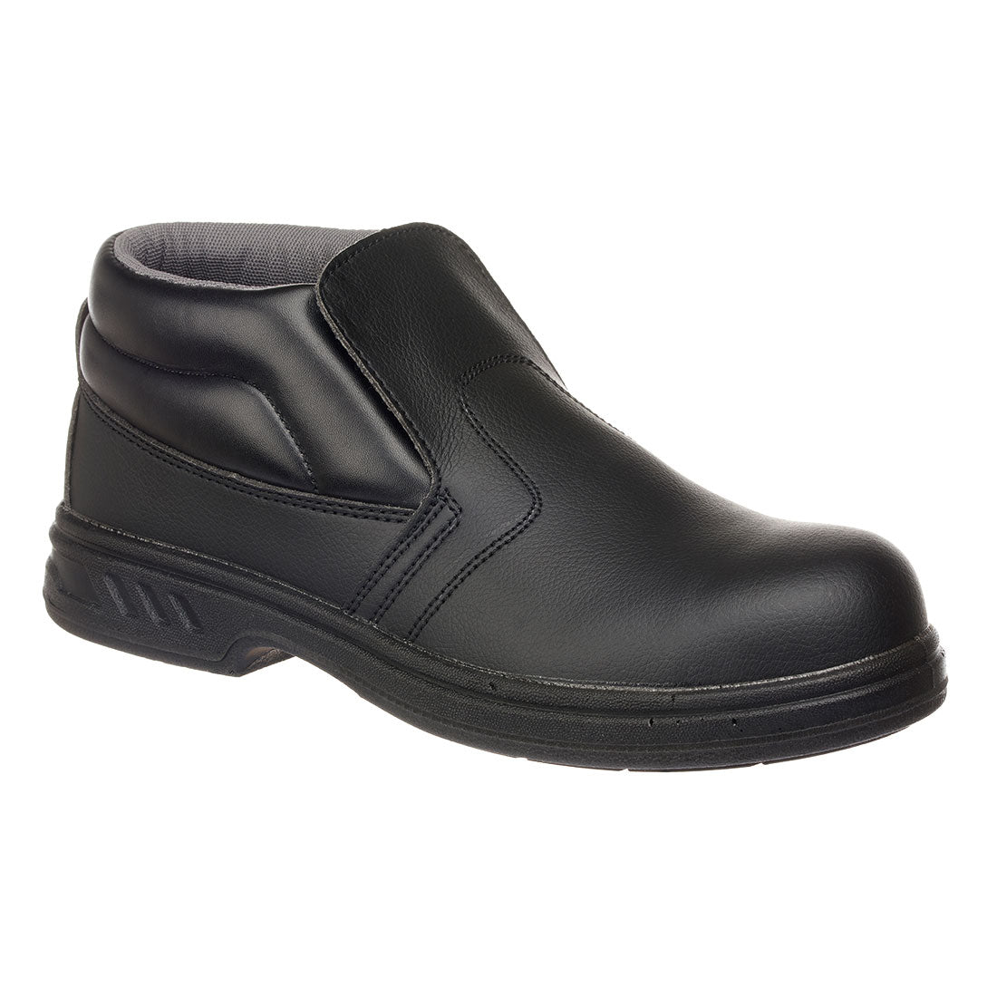 Schwarzer Sicherheits-Schlupfstiefel mit Profilsohle und gepolsterter Schaftkante