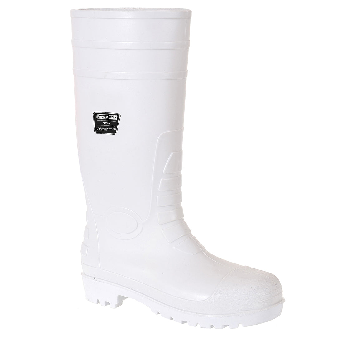 Weiße Sicherheitsgummistiefel S4 mit Profilsohle und Typenschild