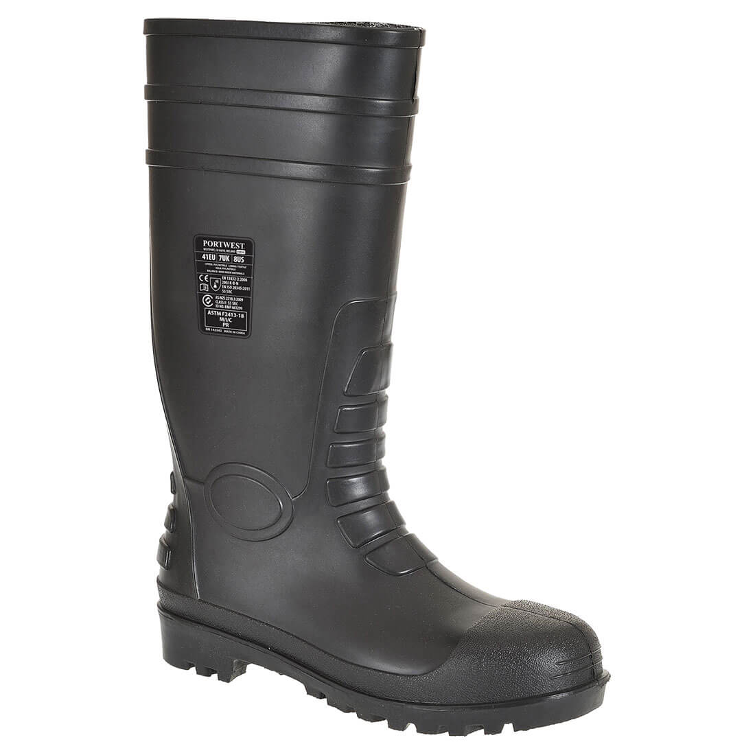 Schwarzer Sicherheits-Gummistiefel mit gepolstertem Schaft und Profilsohle, seitliche Schließeinsätze