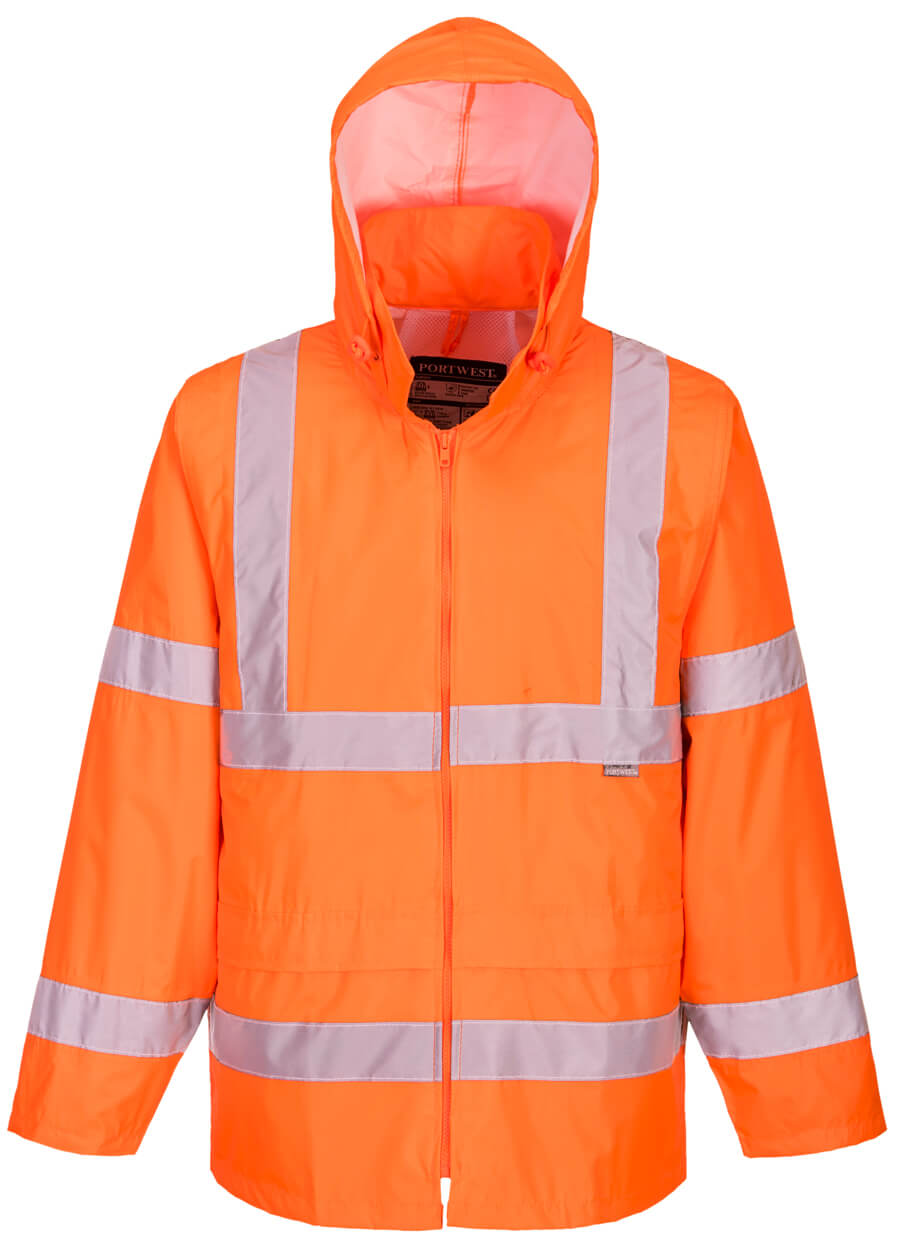 Warnschutz-Regenjacke in leuchtendem Orange mit reflektierenden Streifen und Kapuze