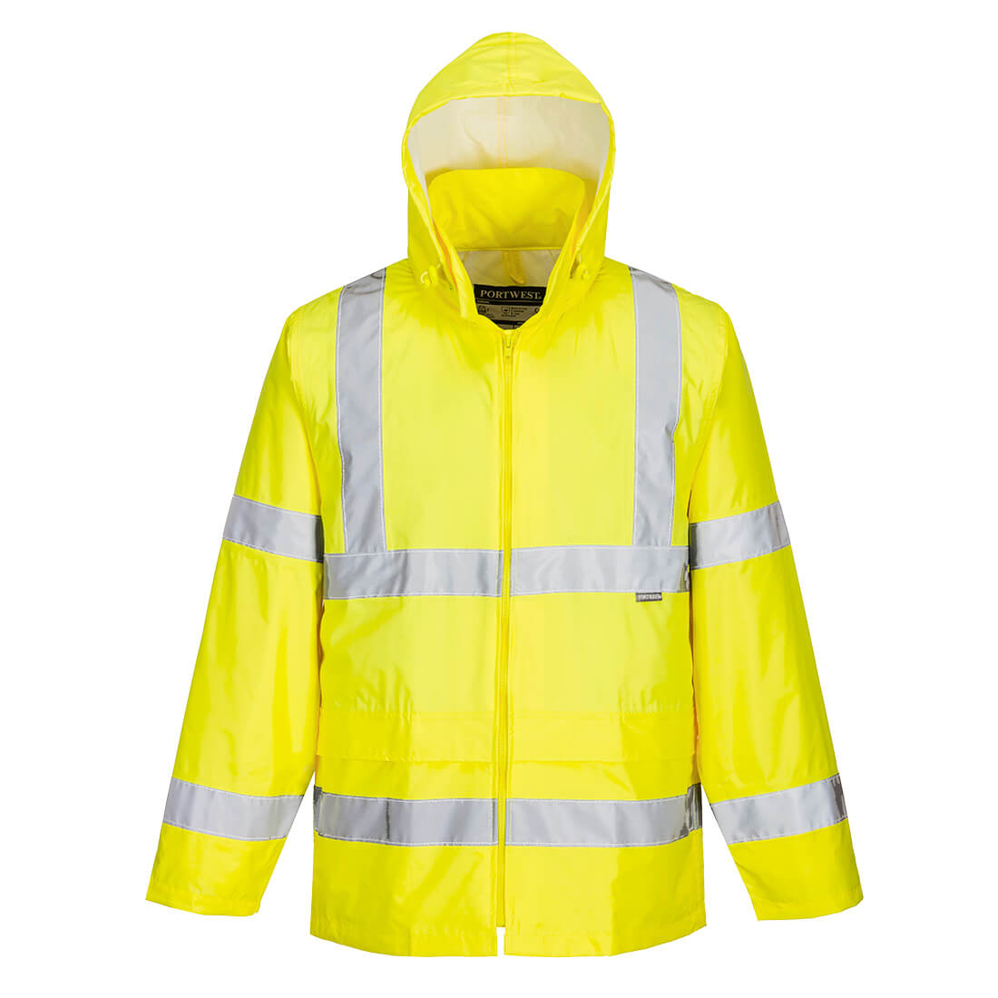Portwest Warnschutz-Regenjacke H440 gelb mit Kapuze und reflektierenden Streifen