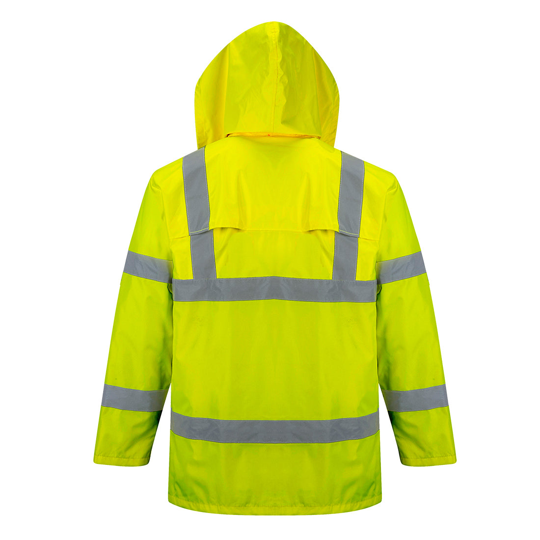 Portwest Warnschutz-Regenjacke H440 gelb, Rückansicht mit Kapuze und Reflexstreifen