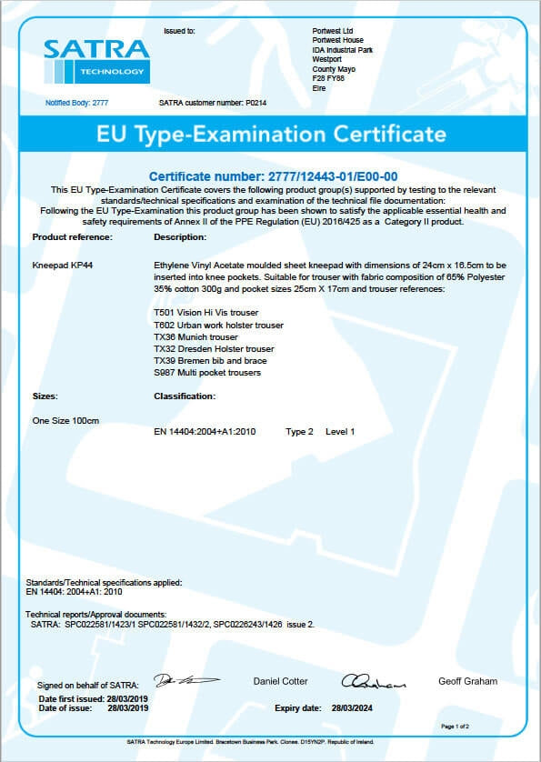SATRA Type-Examination-Zertifikat zu EN 14404, KP44, mit Zertifikatsnummer