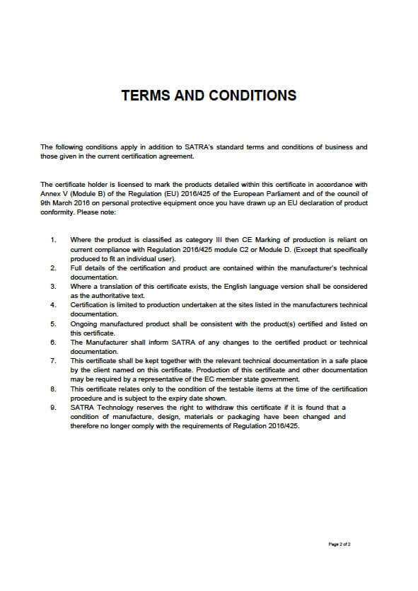 SATRA Terms and Conditions Seite zum Zertifizierungsabkommen, Textbereich