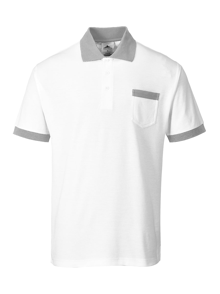 Portwest Handwerker-Poloshirt weiß, grauer Kragen und Brusttasche