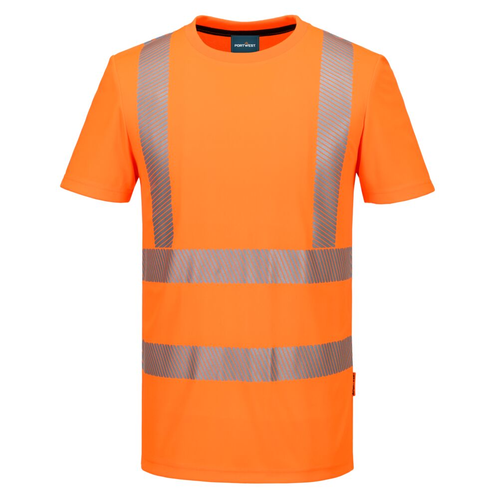 Hi-Vis-Sport-T-Shirt kurzarm in Neonorange mit reflektierenden Streifen vorne