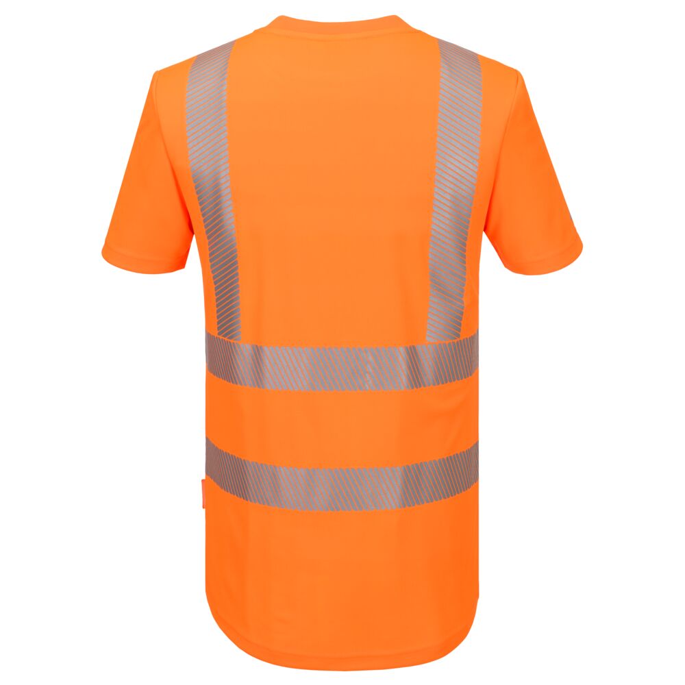 Hi-Vis-Sport-T-Shirt kurzarm in Neonorange mit reflektierenden Streifen hinten
