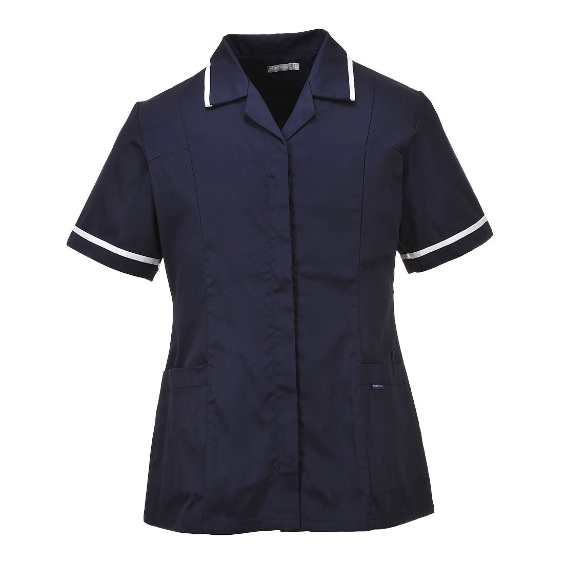 Klassische Tunika in Marineblau mit Umlegekragen, Knopfleiste und weißen Ärmelsäumen