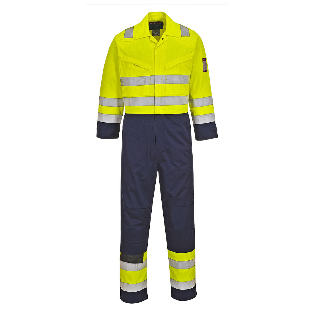 Warnschutz-Overall mit gelb-navy Design und breiten Reflexstreifen, langärmelig, mit Bundhosen.