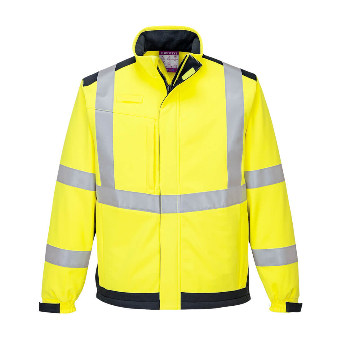 Gelbe Softshelljacke mit Kapuze, hohem Kragen und reflektierenden Streifen