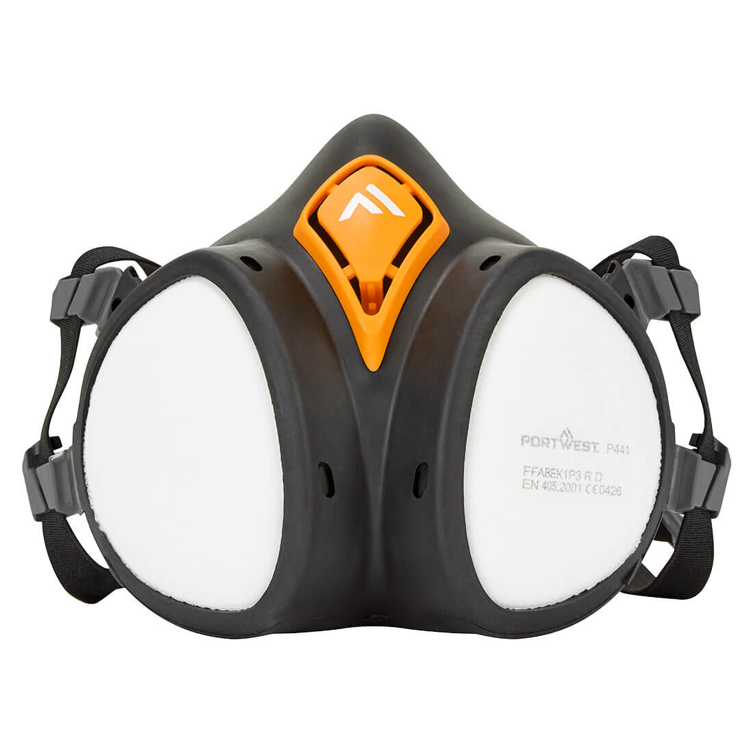 Halbmaske Atemschutz mit schwarzem Rahmen und orangefarbenem Ventil und Doppelfiltern