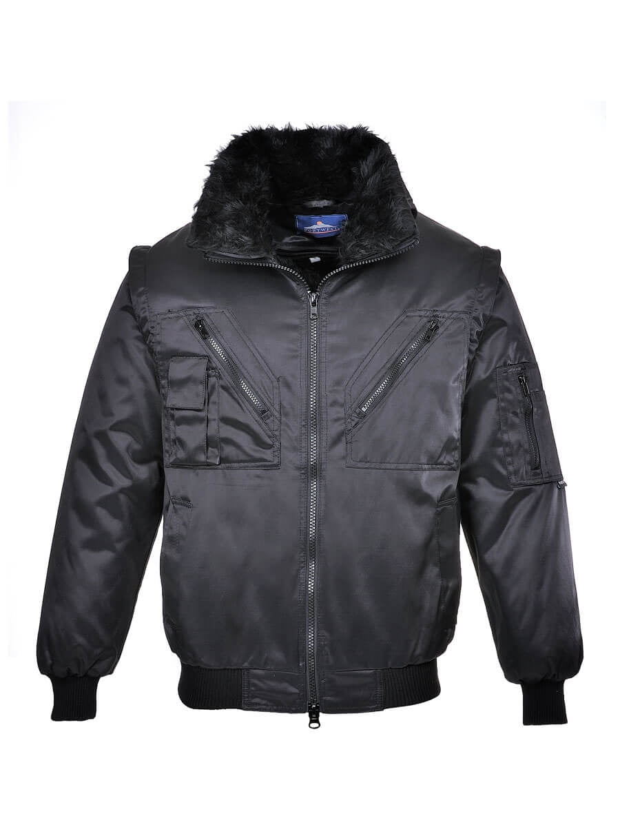 Schwarze Pilotjacke mit Fellkragen, Reißverschluss vorn und gefütterten Taschen