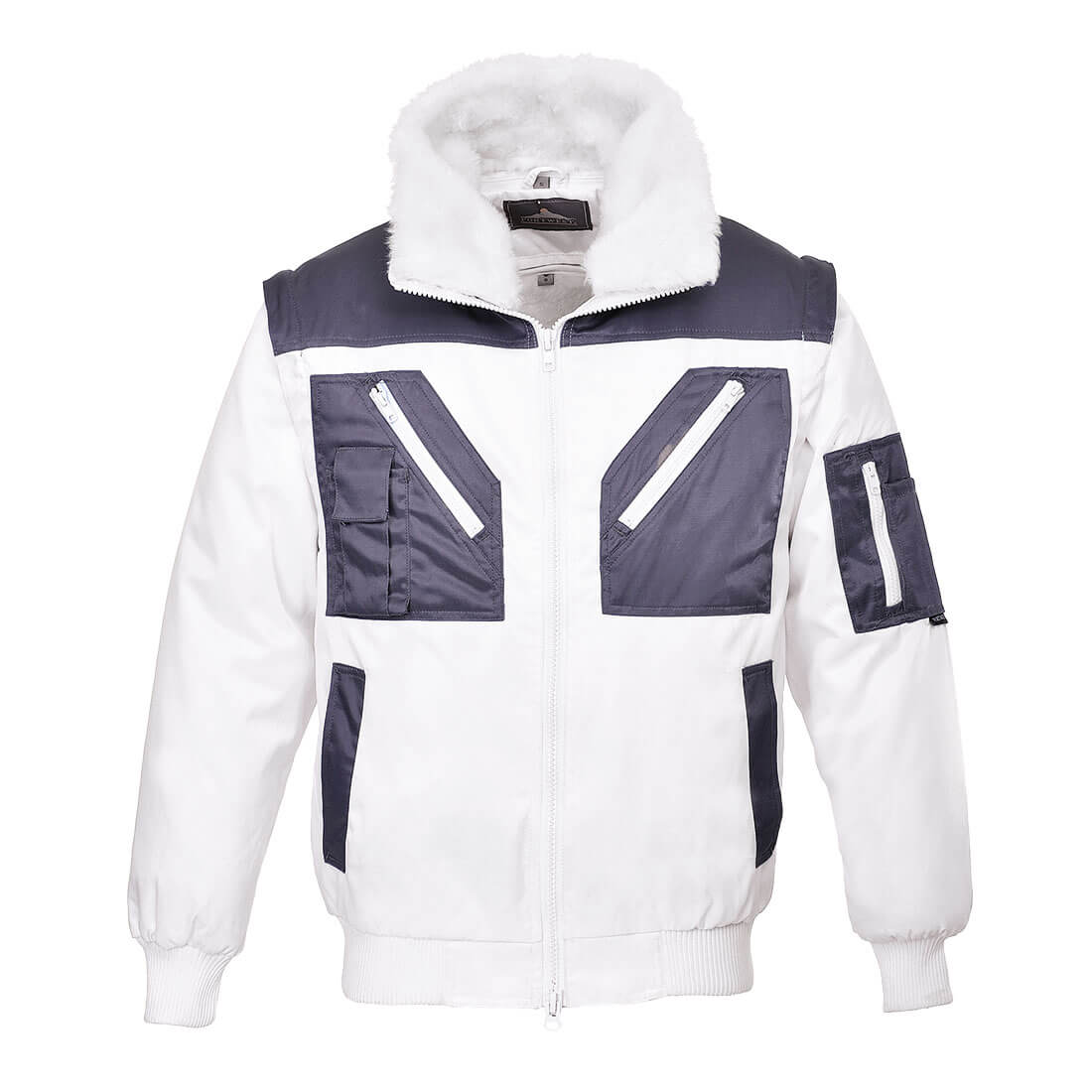 Portwest Warnschutz-Pilotjacke, weiß mit grauen Einsätzen, Kunstfellkragen, Frontreißverschluss