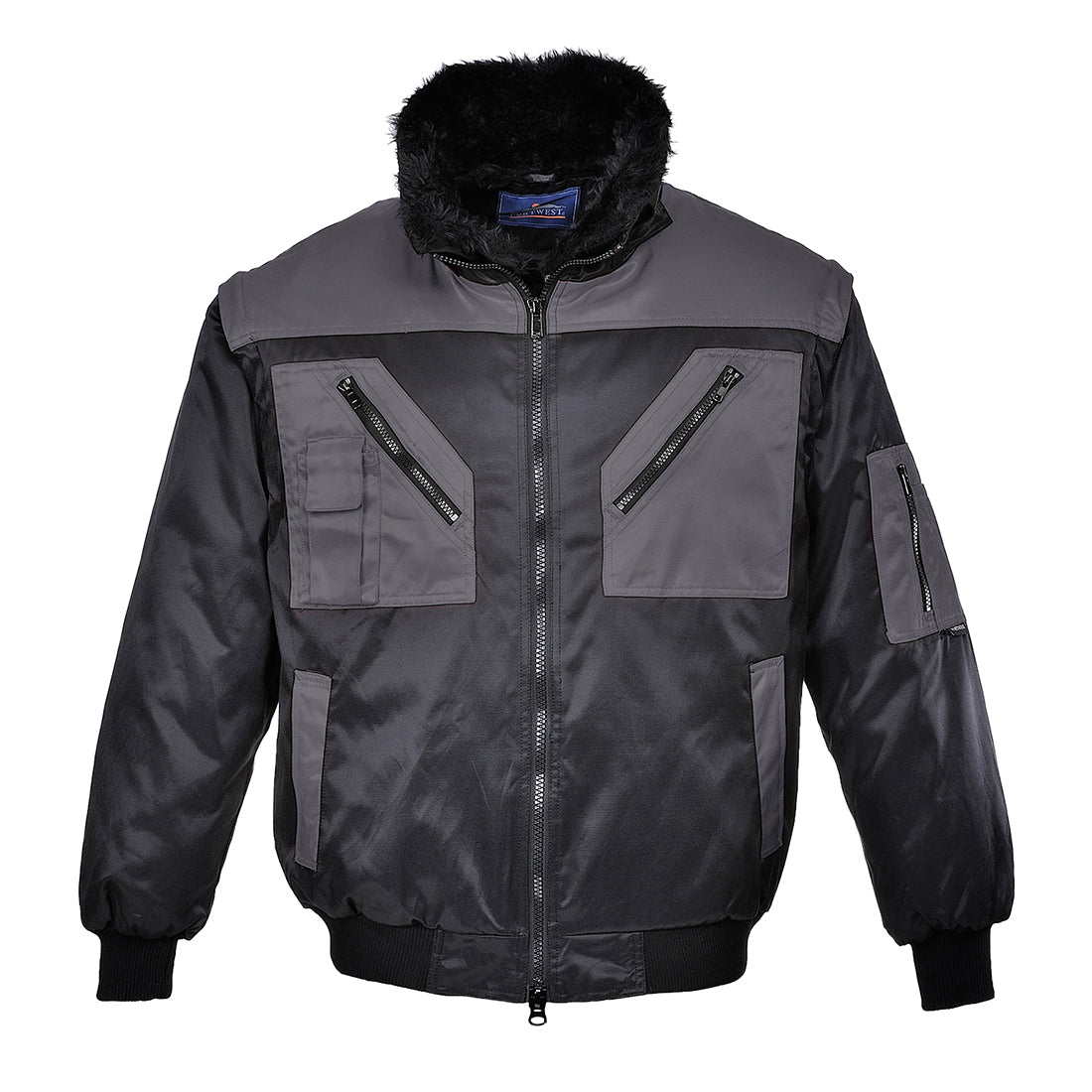 Zweifarbige Pilotjacke mit Fellkragen, durchgehendem Reißverschluss und Fronttaschen
