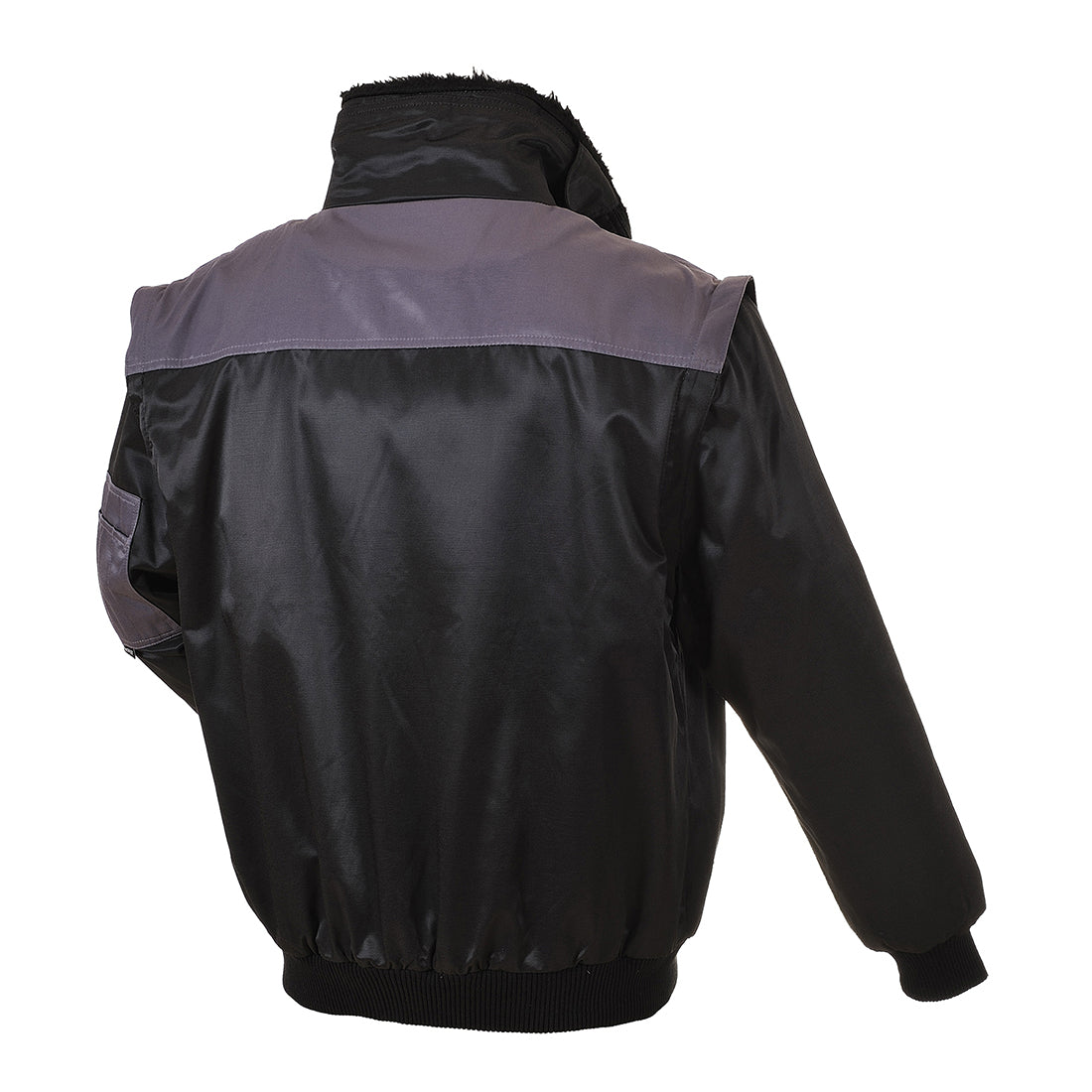 Zweifarbige Pilotjacke Rückansicht mit Fellkragen und Rippenbündchen, Steppdetails