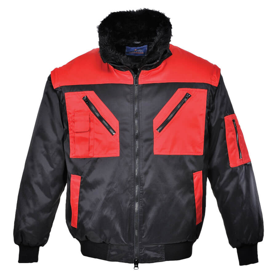 Zweifarbige Pilotjacke Schwarz-Rot mit Fellkragen, Reißverschluss und reflektierenden Streifen