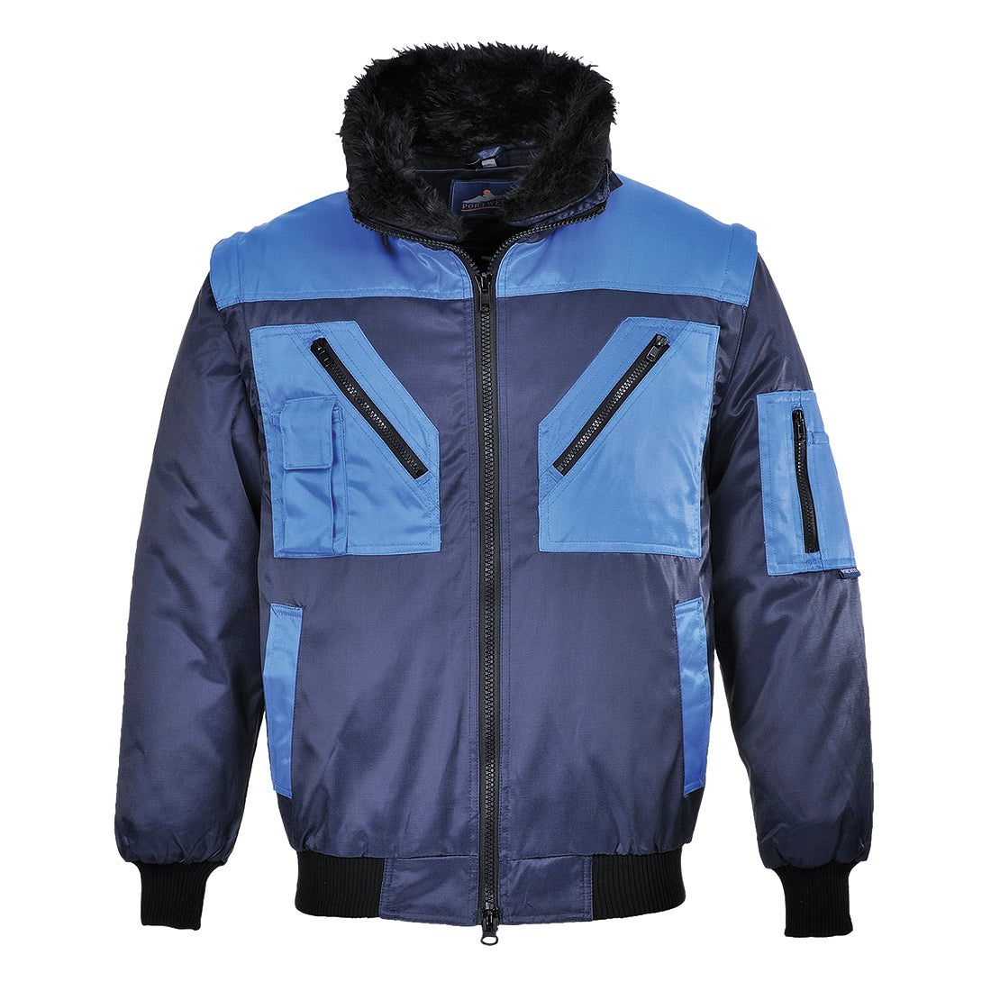 Zweifarbige Pilotjacke dunkelblau/hellblau mit schwarzem Fellkragen und Reißverschluss