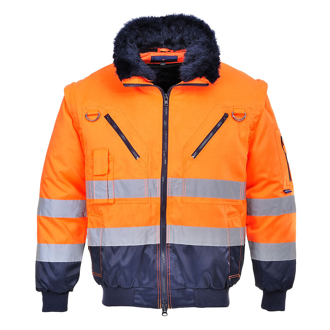 Hi-Vis-Pilotjacke mit Kunstfellkragen, orange/dunkelblau, reflektierenden Streifen