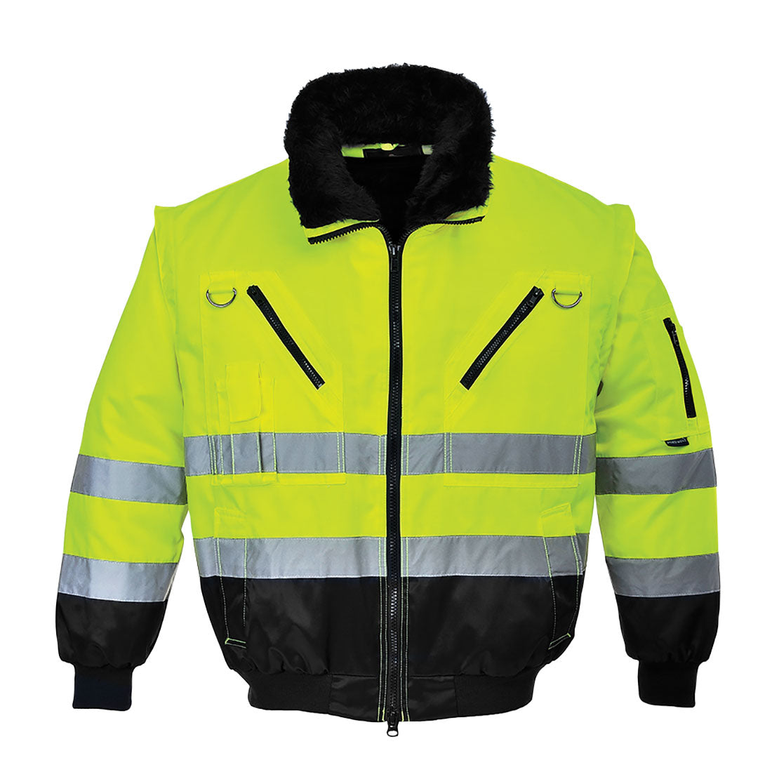 Hi-Vis 3-in-1 Pilotjacke mit Frontreißverschluss, gelb-schwarz und Reflexstreifen