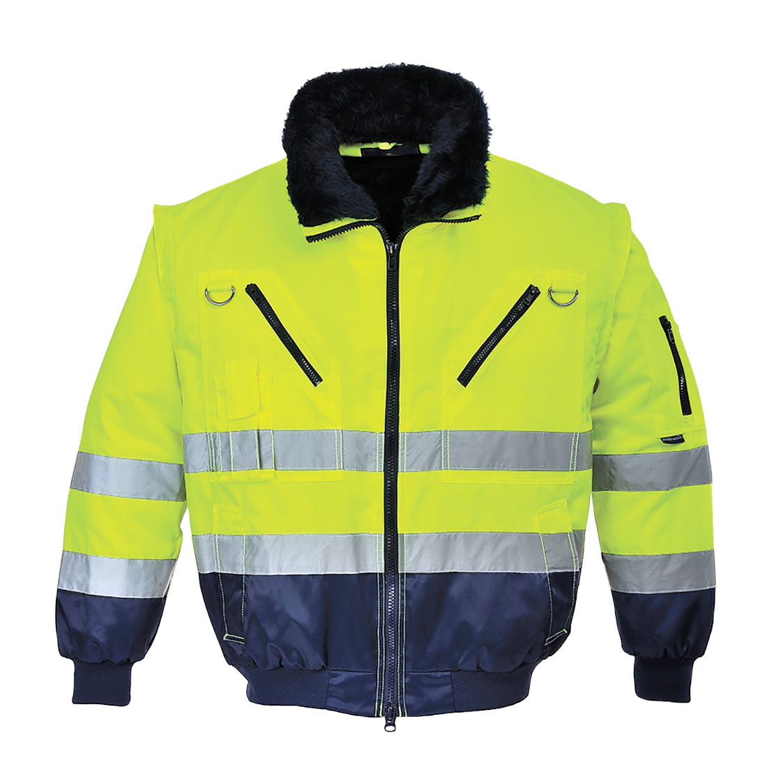 Hi-Vis 3-in-1 Pilotjacke: gelb-dunkelblau, reflektierende Streifen, schwarze Fleece-Kapuze