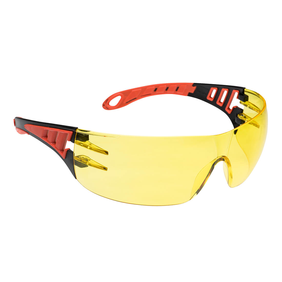 Schutzbrille mit gelben Gläsern und orange-schwarzem Rahmen, Seitenschutz