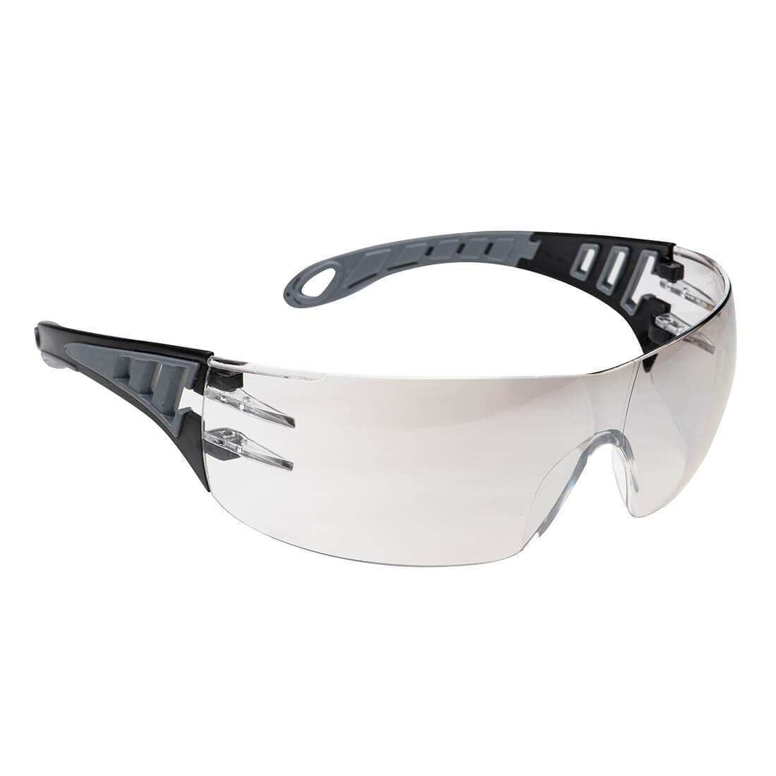 Schutzbrille mit transparenten Scheiben, silbernem Rahmen und seitlichem Sichtschutz