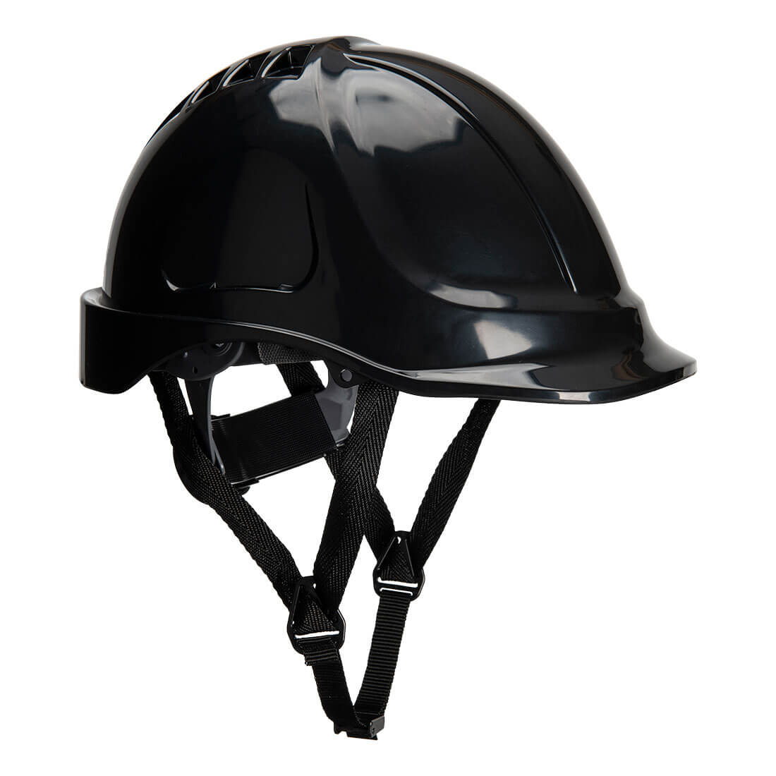 Schutzhelm aus Kunststoff, glänzend schwarz, mit Kinnriemen und Zurrgurten