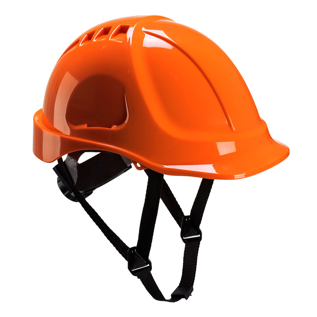 Orangefarbener Schutzhelm mit Kinnriemen und verstellbaren Gurten