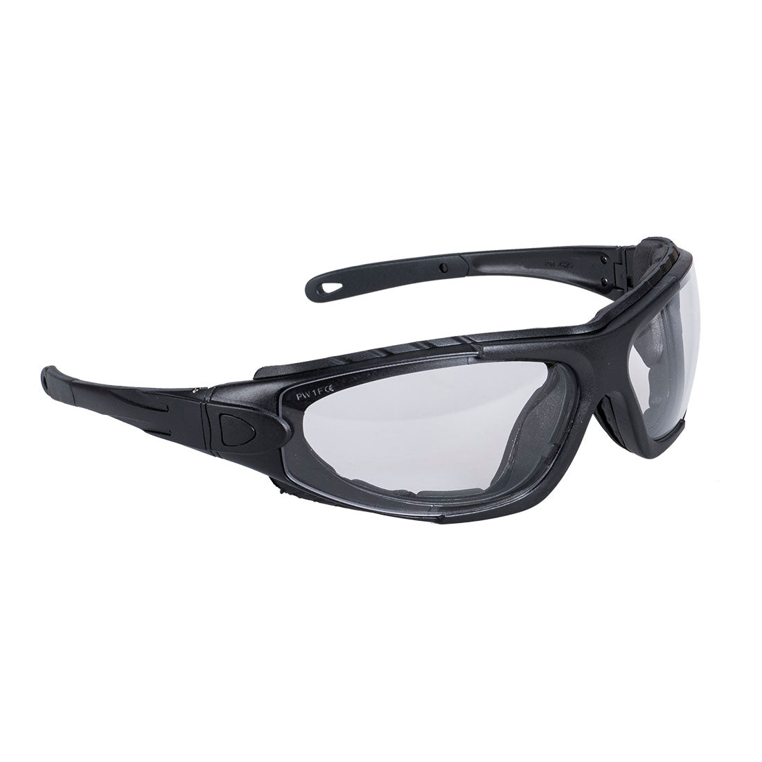 Schutzbrille mit schwarzem Rahmen und klarer Linse, seitlich mit Bügeln