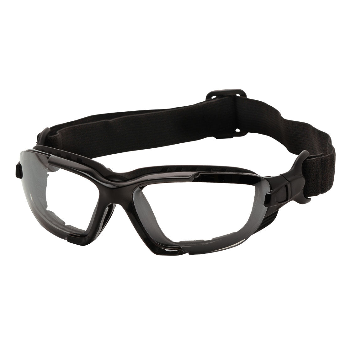 Schutzbrille mit schwarzem Kopfband und klaren, abgerundeten Gläsern