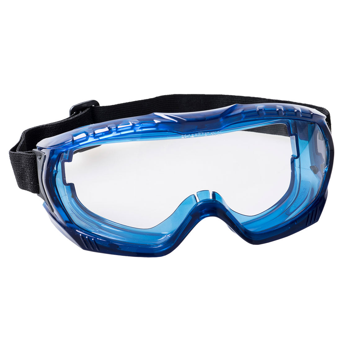 Vollsicht-Schutzbrille mit klarer Linse, blauem Rahmen und verstellbarem Textilriemen