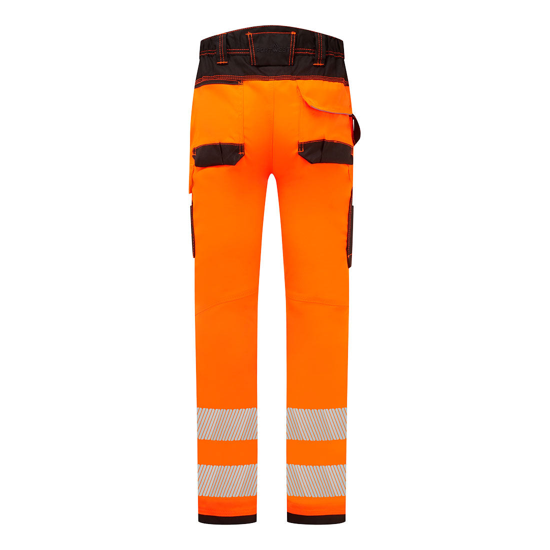 Rückseite der orange-schwarzen Warnschutz-Arbeitshose mit Gesäßtaschen und reflektierenden Beinbändern