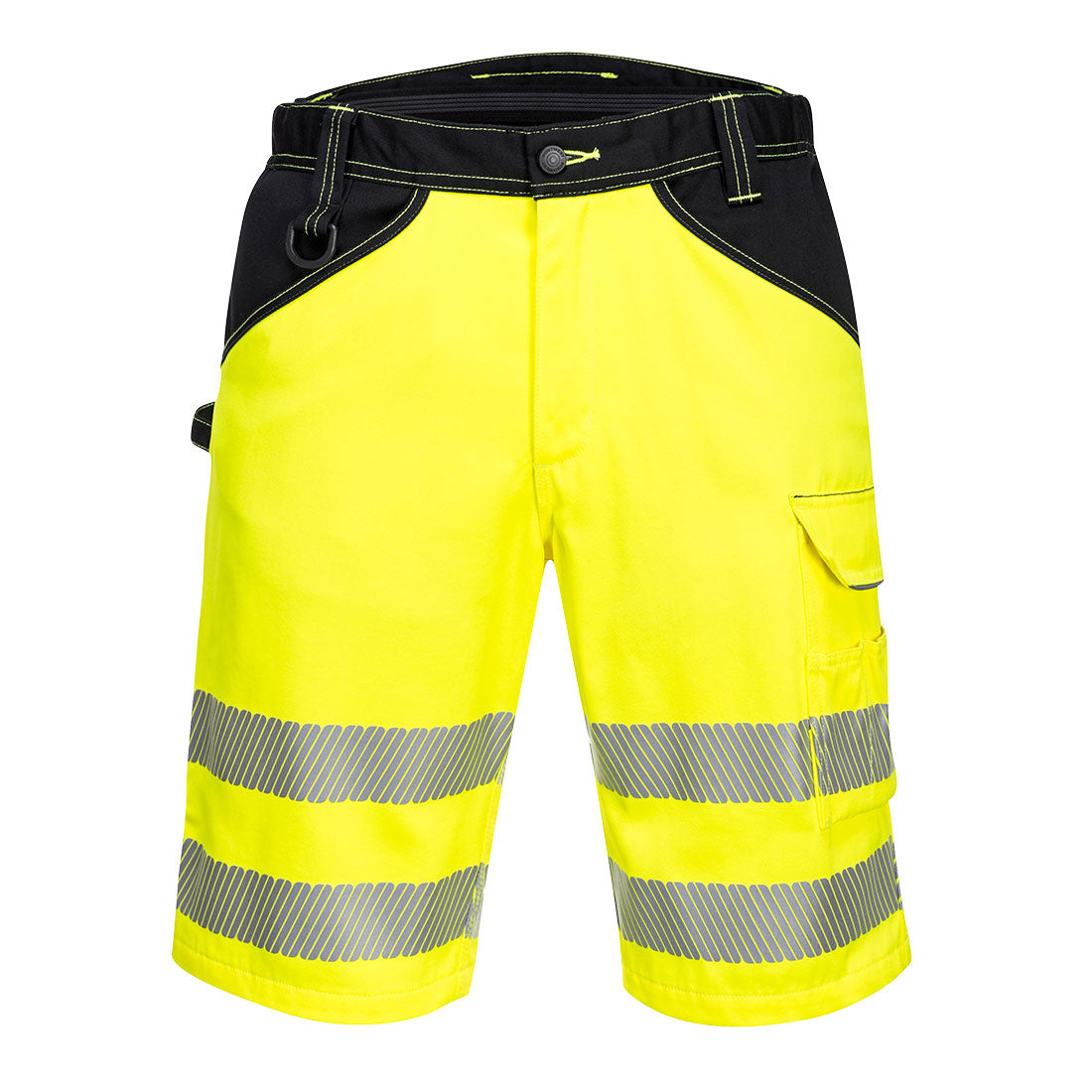 Kurze Warnschutzhose in Gelb mit schwarzen Einsätzen, reflektierenden Streifen