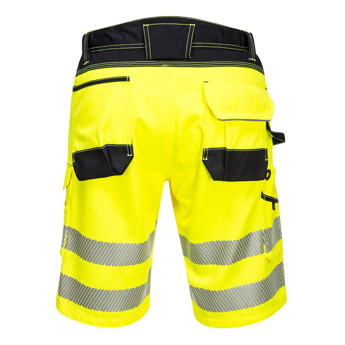 Kurze Warnschutzhose gelb mit schwarzen Taschen, reflektierenden Streifen am Bein