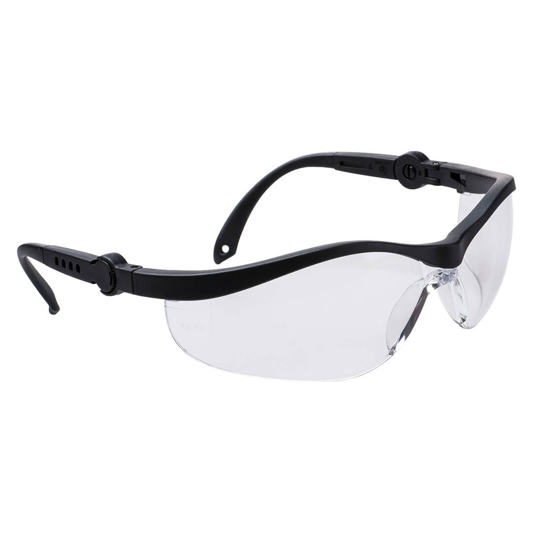 Schutzbrille PW35 mit klarer Linse, schwarzem Rahmen und Bügeln