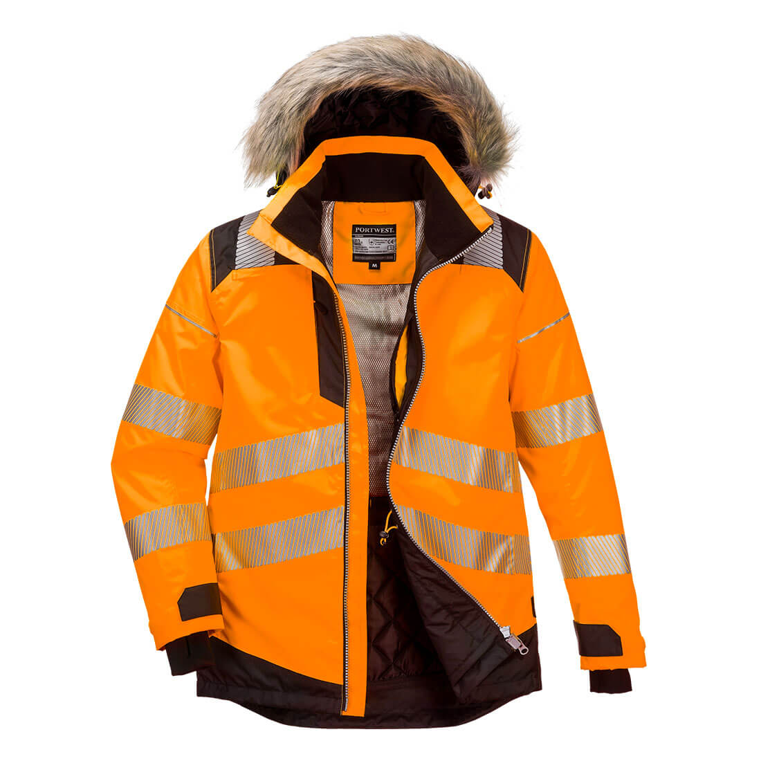 Warnschutz-Winterparka in Orange mit Kapuze und Kunstfellbesatz, reflektierenden Streifen