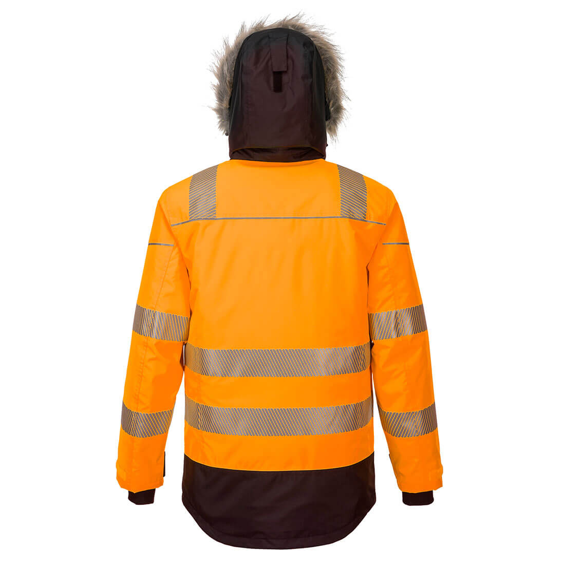 Warnschutz-Winterparka hinten: orange Kapuze mit Kunstfell, breite Reflexstreifen