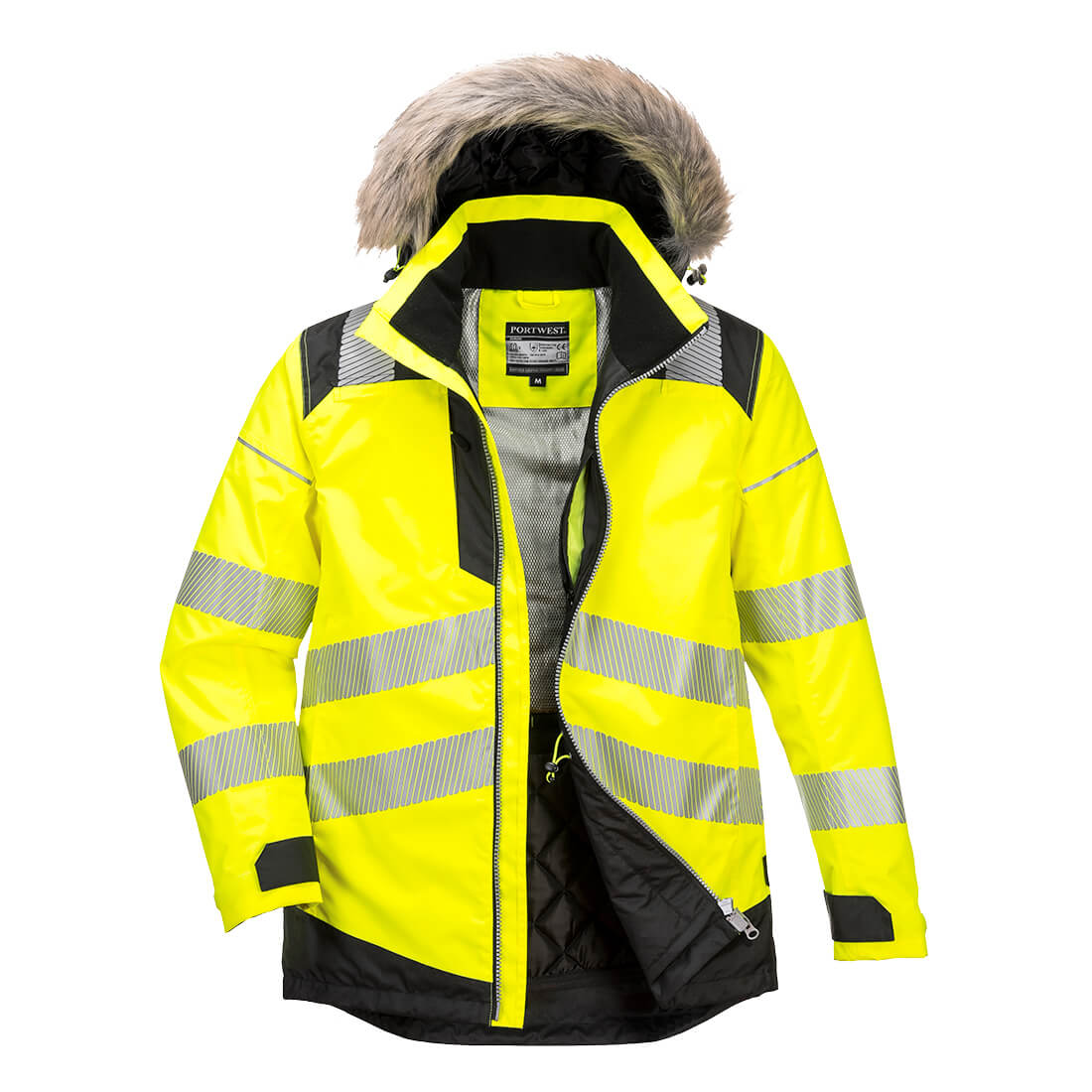 Warnschutz-Winterparka mit Fellkapuze, gelb-schwarz, reflektierende Streifen, Frontreißverschluss