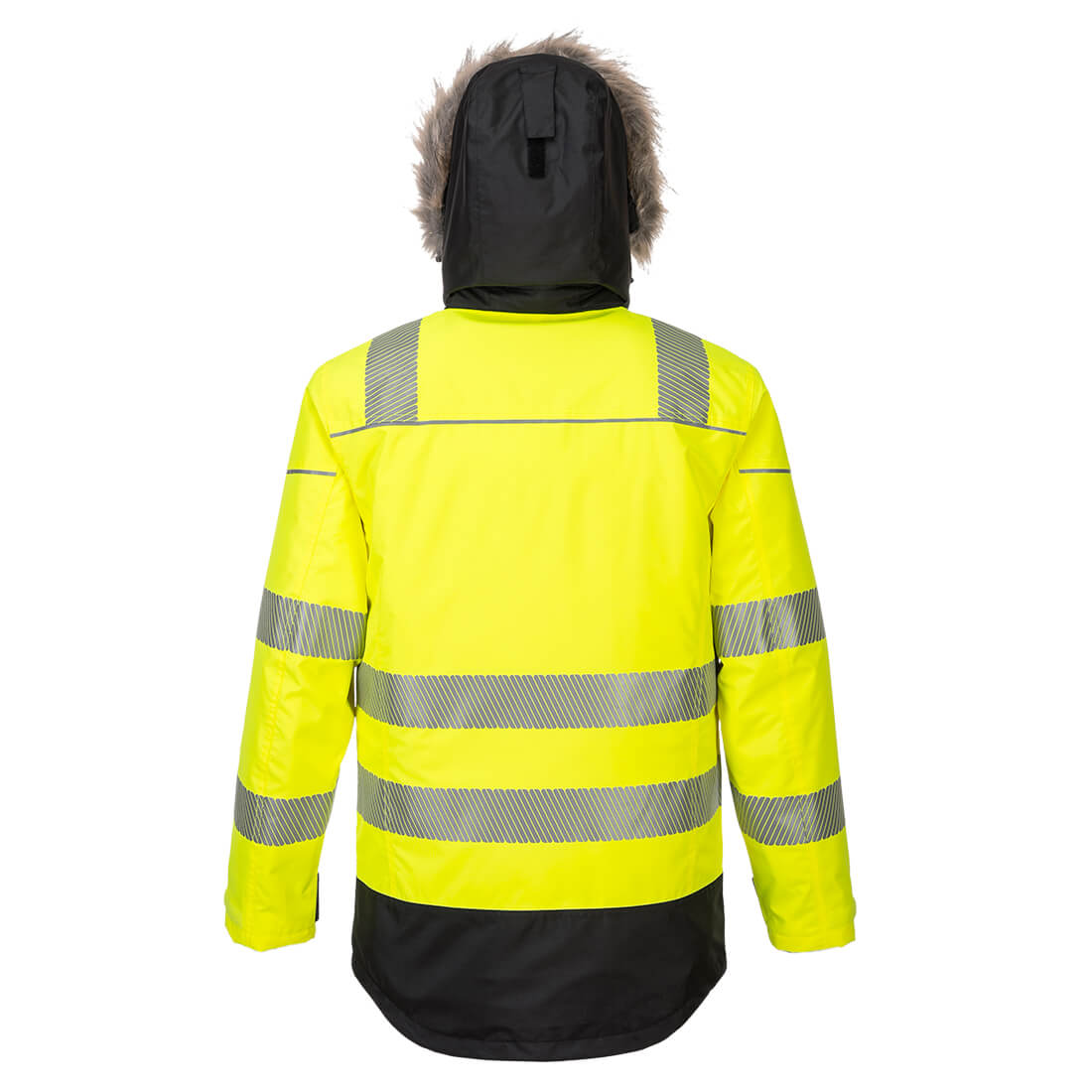 Warnschutz-Winterparka hinten, Fellkapuze, gelb mit reflektierenden Streifen und schwarzem Saum