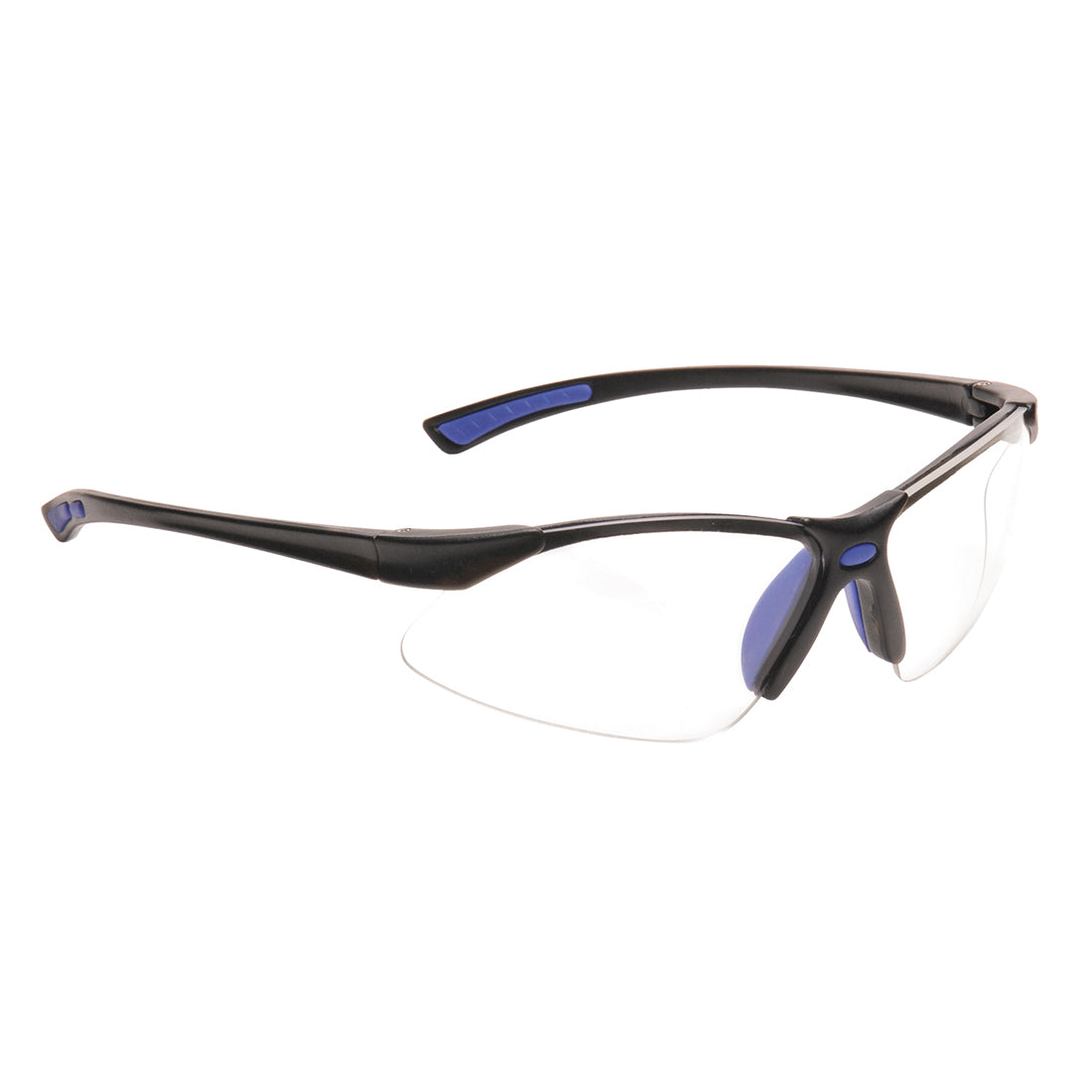 Portwest PW37 Schutzbrille mit klarem Sichtscheibe und dunklem Rahmen, blauem Akzent.