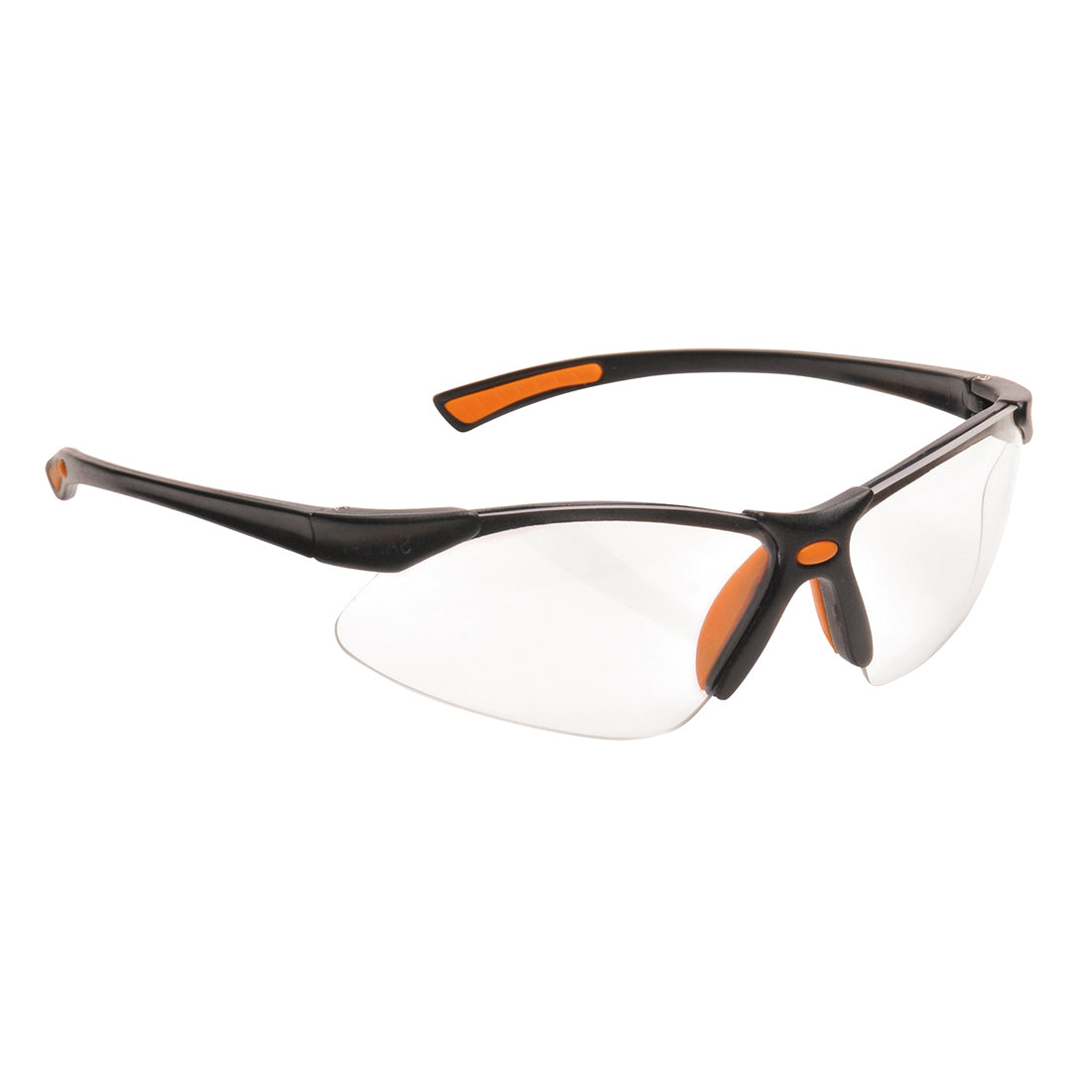 Schutzbrille mit schwarzem Rahmen, klaren Gläsern und orangefarbenen Akzenten
