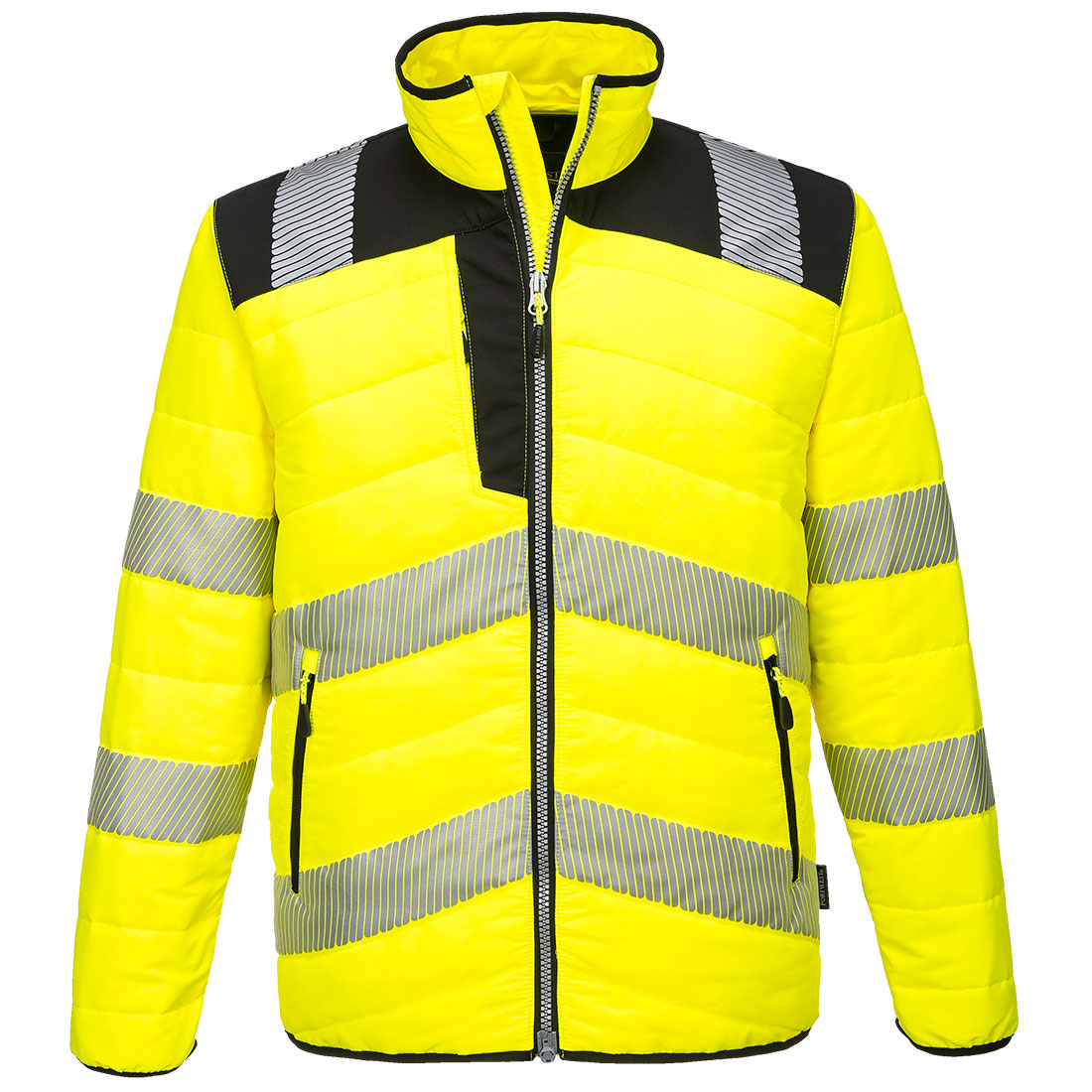 Warnschutz-Steppjacke in Gelb mit schwarzem Einsatz, Reißverschluss und reflektierenden Streifen