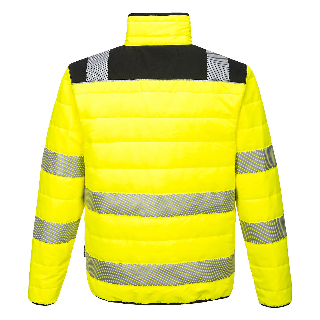 Rückansicht: Warnschutz-Steppjacke Gelb-Schwarz mit hohem Kragen und reflektierenden Bändern
