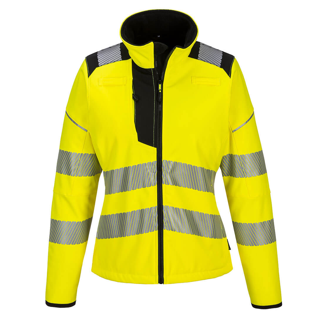 Warnschutz-Softshelljacke für Damen in Gelb mit reflektierenden Streifen, Frontzip, Kapuze