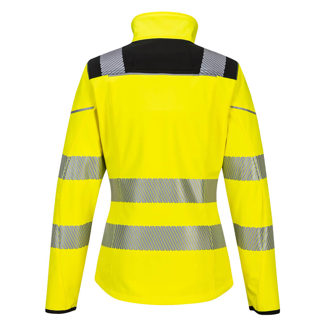Warnschutz-Softshelljacke für Damen in Gelb mit reflektierenden Streifen, Rückansicht, Kapuze